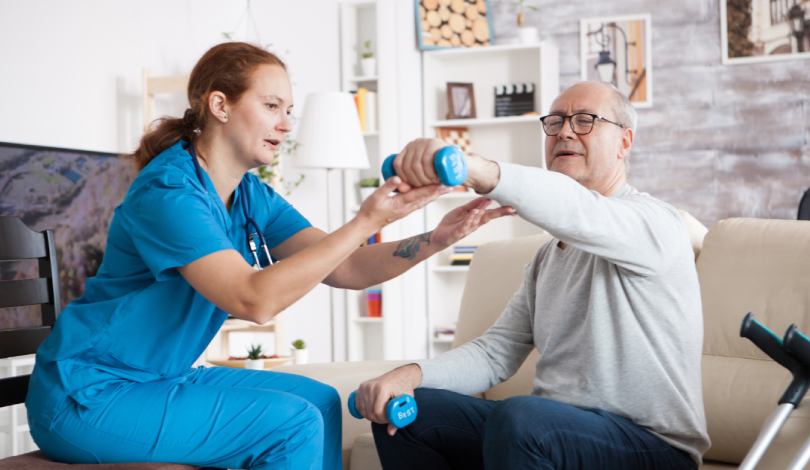 Senior receiving physiotherapy care in a rehabilitation facility