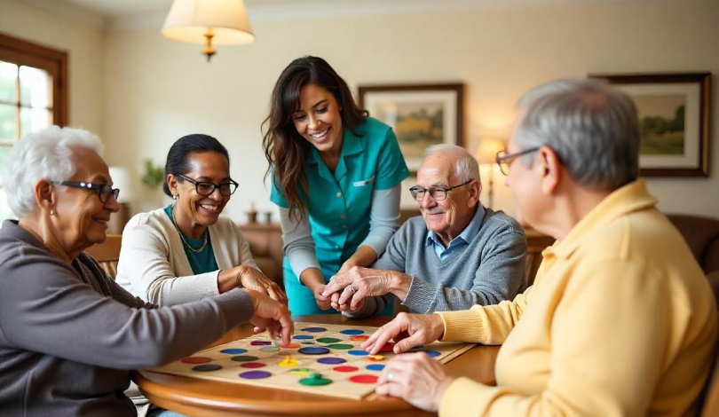 Caregivers assisting a resident during a physiotherapy session.